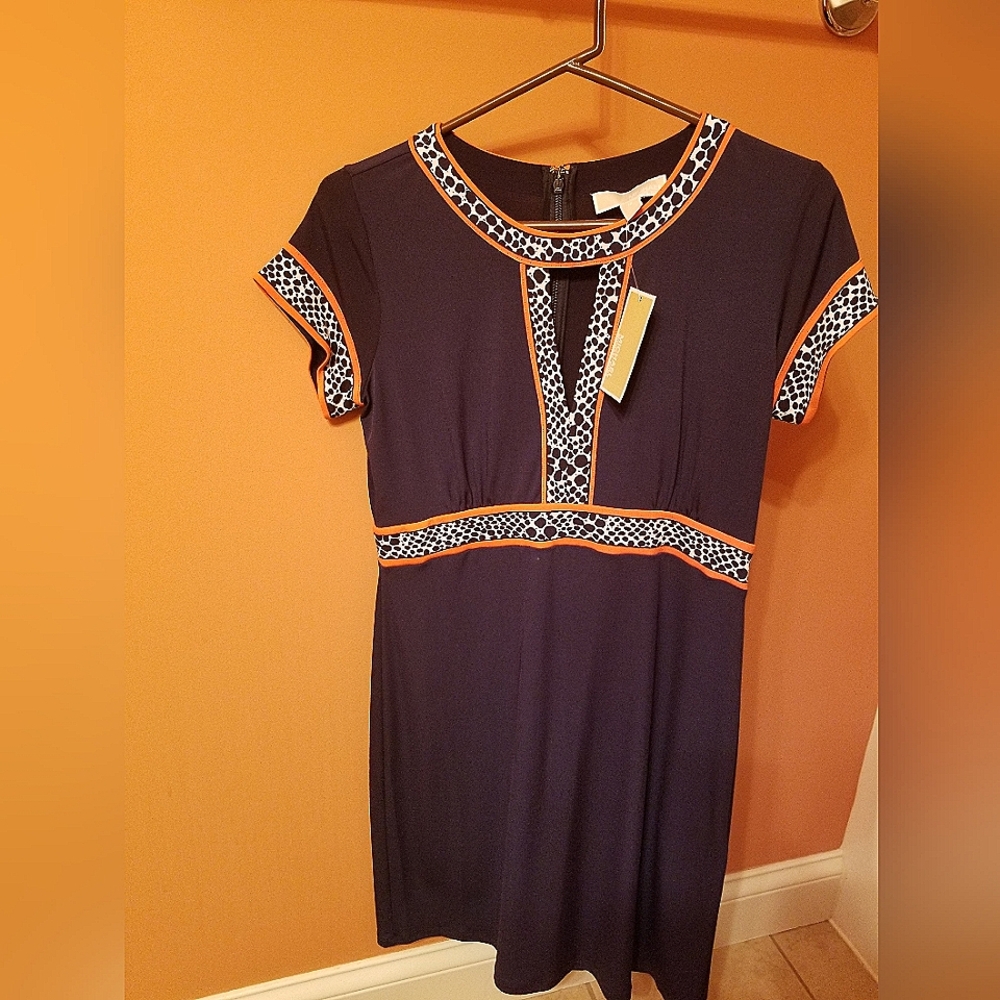 Michael Kors Short Sleeve Navy Blue and Leopard Print Dress Size Medium